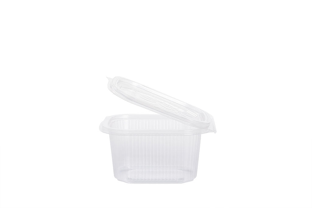 Feinkostbecher mit angehängtem Deckel, "Ripboxx 375", transparent, 375 ml, rechteckig, 12,7 x 10,8 cm, Höhe 6,3 cm